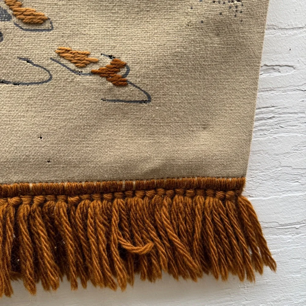 Vintage 1970s West Germany Wall Hanging Tapestry Linen Embroidered Village Paint